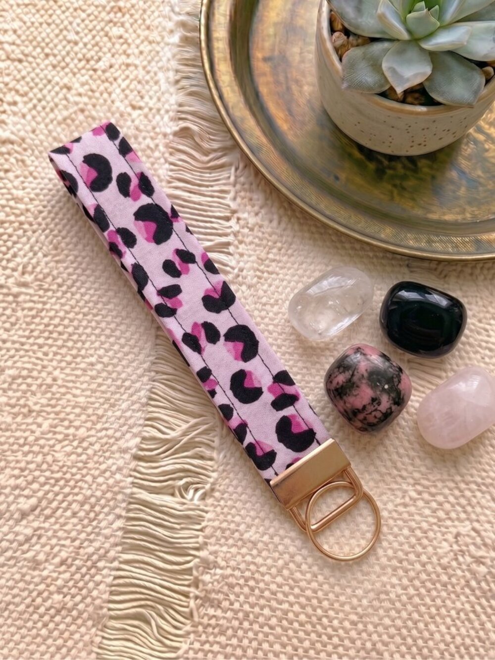 New Handmade Light Pink Leopard Cheetah Print Fabric Key Fob Wristlet Keychain